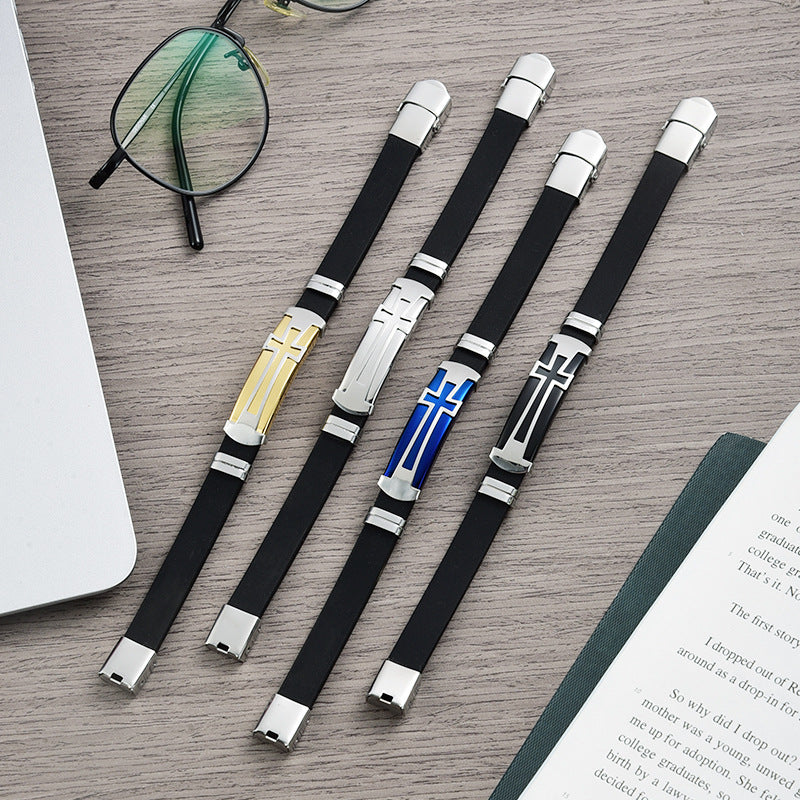 Rockyu メンズクロスブレスレット ステンレス×シリコン アジャスタブルデザイン