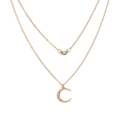 Rockyu 太陽＆月モチーフ 二連ネックレス レディース ゴールド＆シルバー オパール風ペンダント