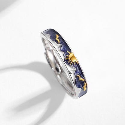 Rockyu フリーサイズリング 藍色の空に太陽と月が輝く幻想デザイン