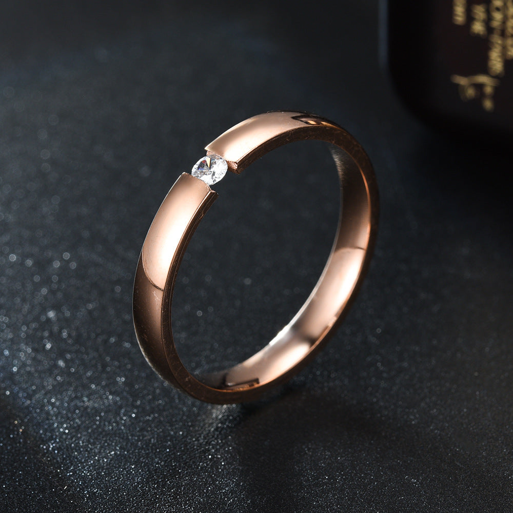 Rockyu レディースリング ダイヤモンド風ストーン付き ステンレス製 ピンクゴールド＆ブラックカラー