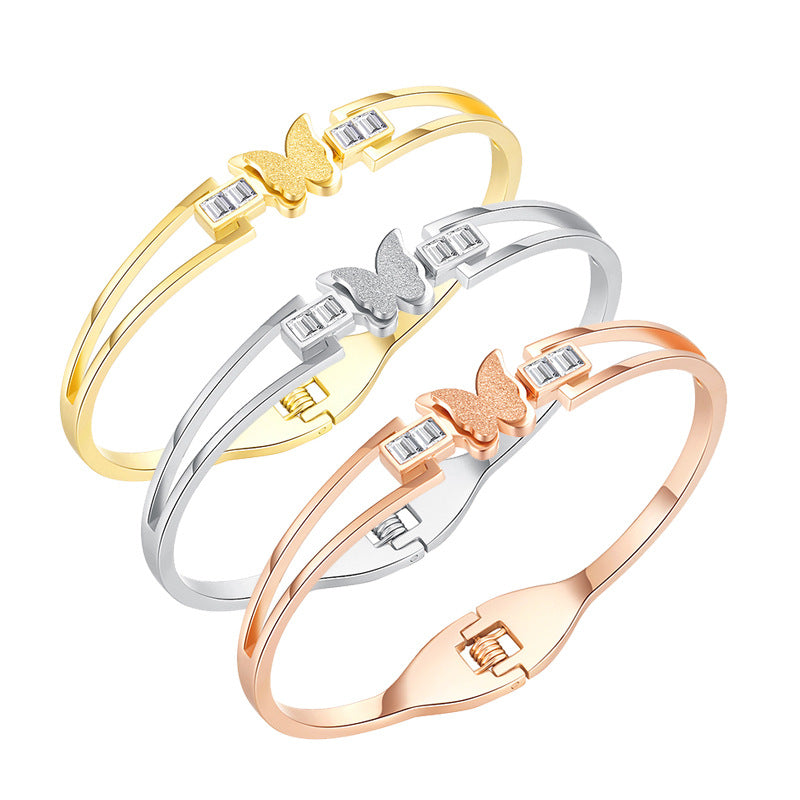 Rockyu レディース ブレスレット バタフライ バングル ピンクゴールド ジルコニア 金属アレルギー対応