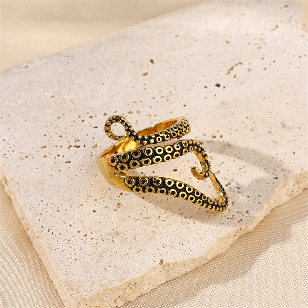 Rockyu タコ・蛇モチーフ ステンレスリング メンズ フリーサイズ ゴールド＆シルバー