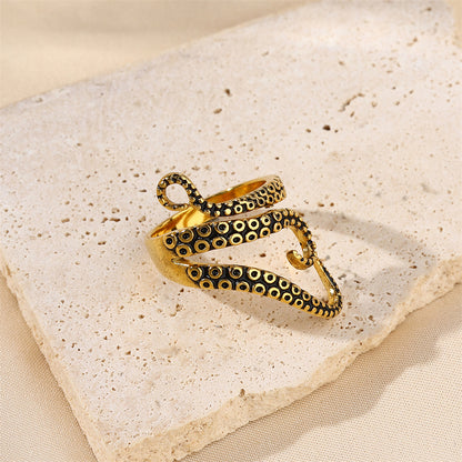 Rockyu タコ・蛇モチーフ ステンレスリング メンズ フリーサイズ ゴールド＆シルバー