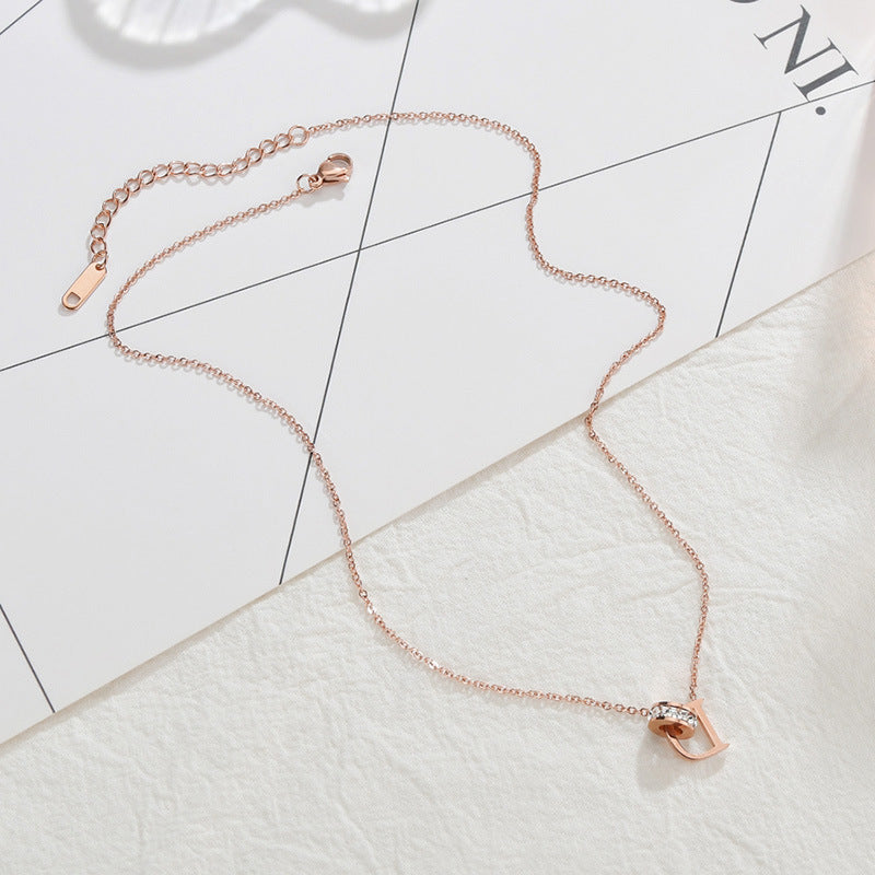 Rockyu ネックレス レディース Dイニシャル リング付き 2連ペンダント ピンクゴールド＆シルバー CZダイヤ 18金メッキ チタン製