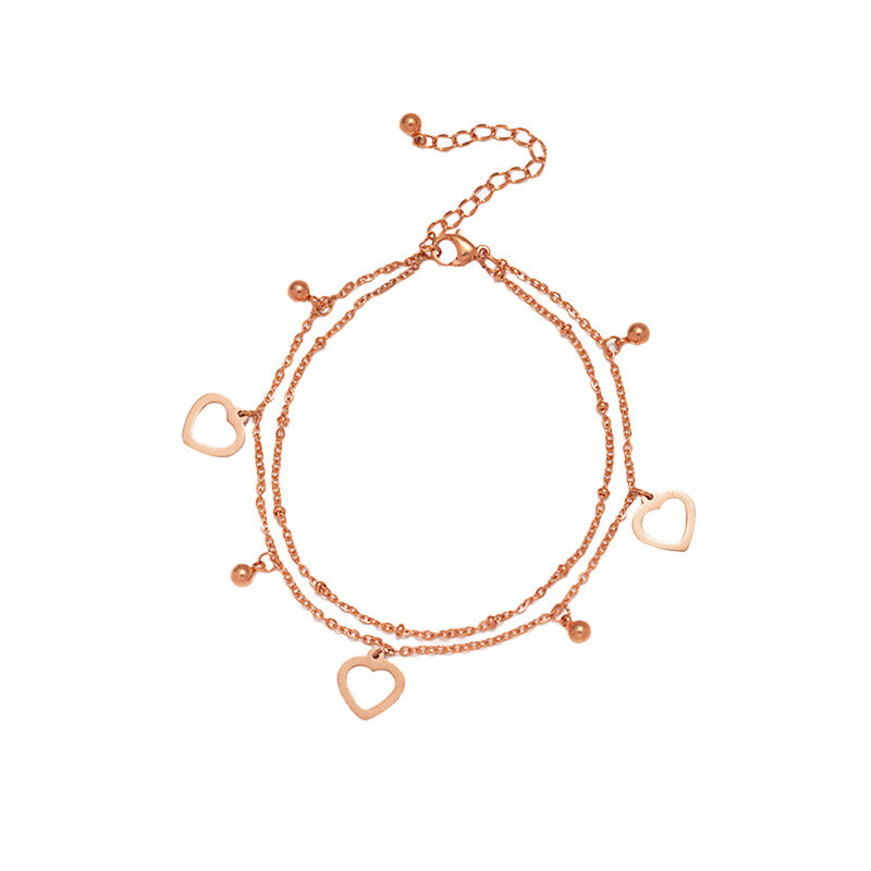 Rockyu アンクレット レディース ハート チャーム ピンクゴールド チタン製 18k メッキ おしゃれ 調節可