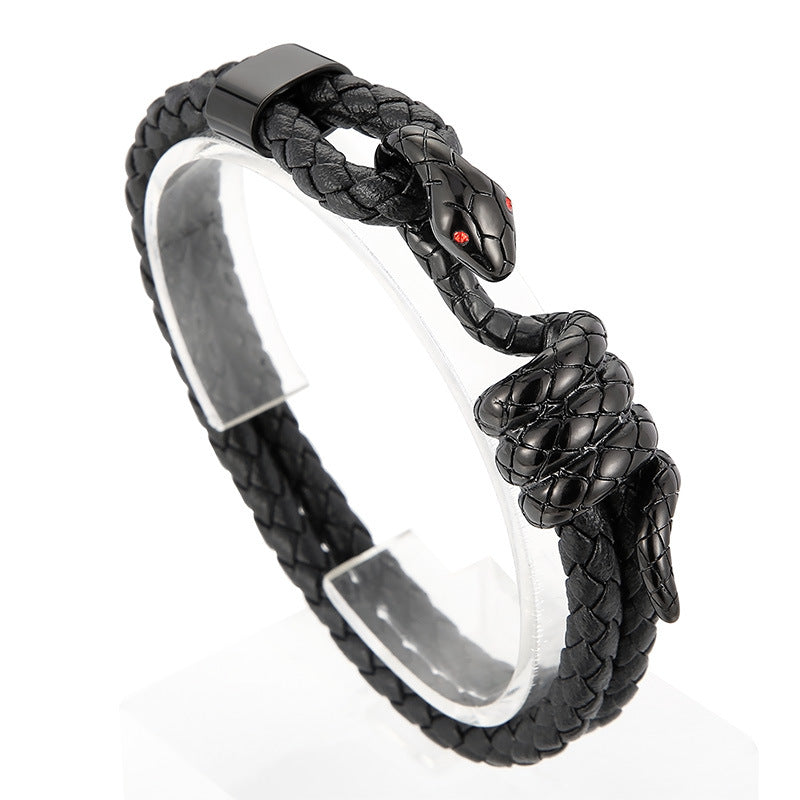 スネークレザーブレスレット メンズ｜編み込みレザー×ステンレス蛇ヘッドデザイン