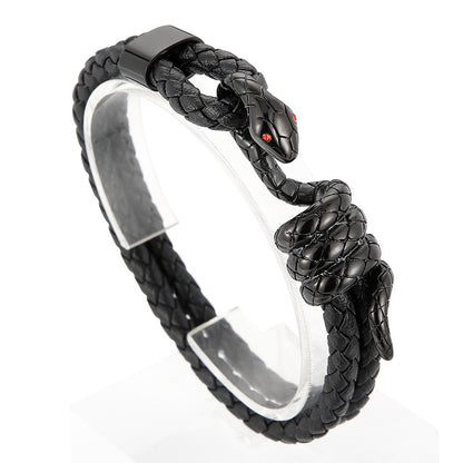 スネークレザーブレスレット メンズ｜編み込みレザー×ステンレス蛇ヘッドデザイン