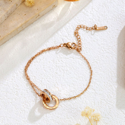 Rockyu ブレスレット レディース ピンクゴールド チタン 2連リング ローマ数字 ジルコニア