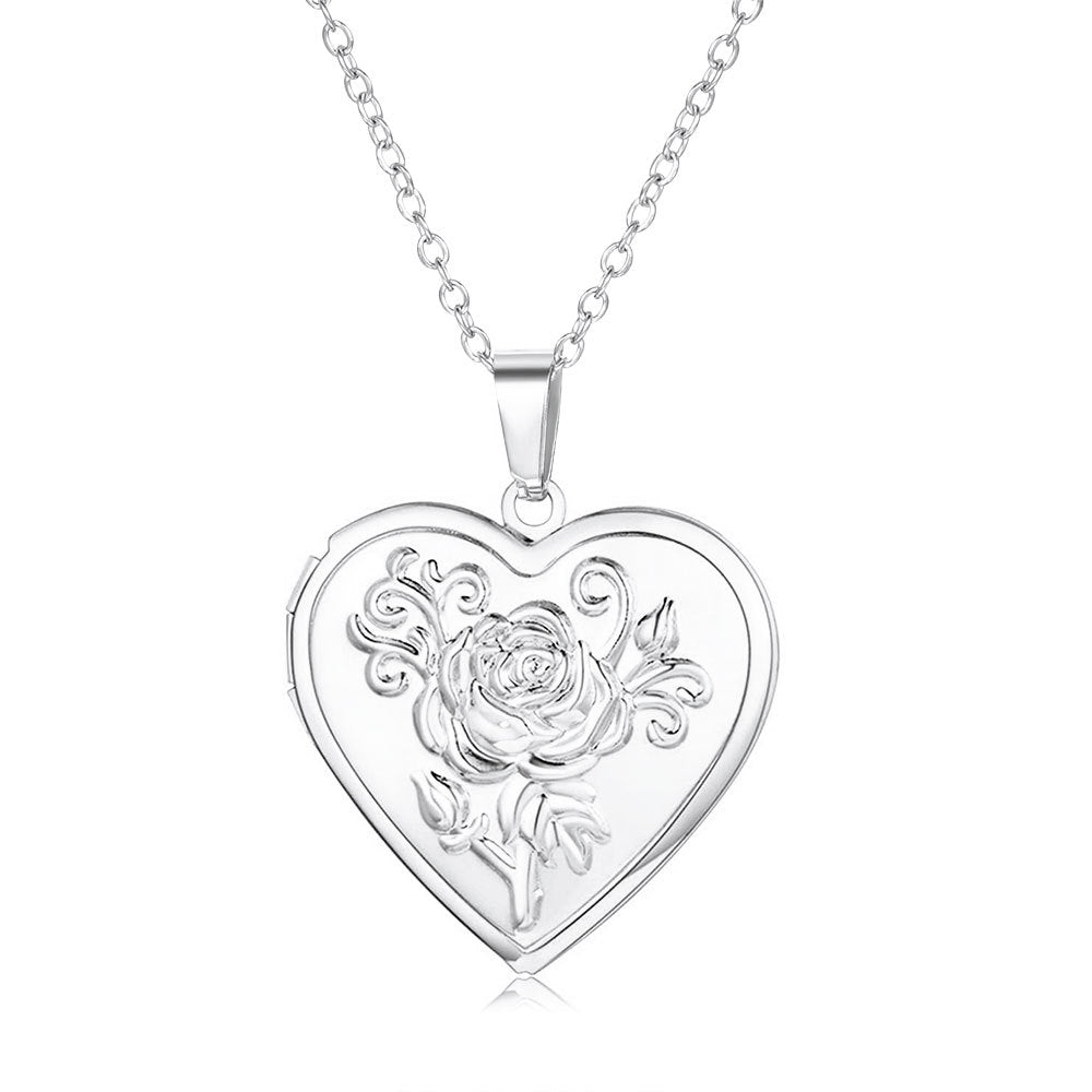 Rockyu レディースネックレス ハートロケットペンダント 写真入れ 薔薇モチーフ シルバー ゴールド 鎖骨チェーン 上品 アクセサリー