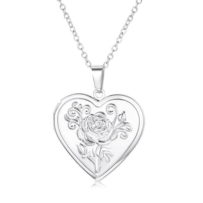 Rockyu レディースネックレス ハートロケットペンダント 写真入れ 薔薇モチーフ シルバー ゴールド 鎖骨チェーン 上品 アクセサリー