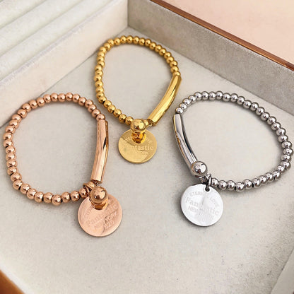 Rockyu レディースビーズブレスレット ステンレス製 刻印チャーム付き ニューヨークスタイル ファッションアクセサリー