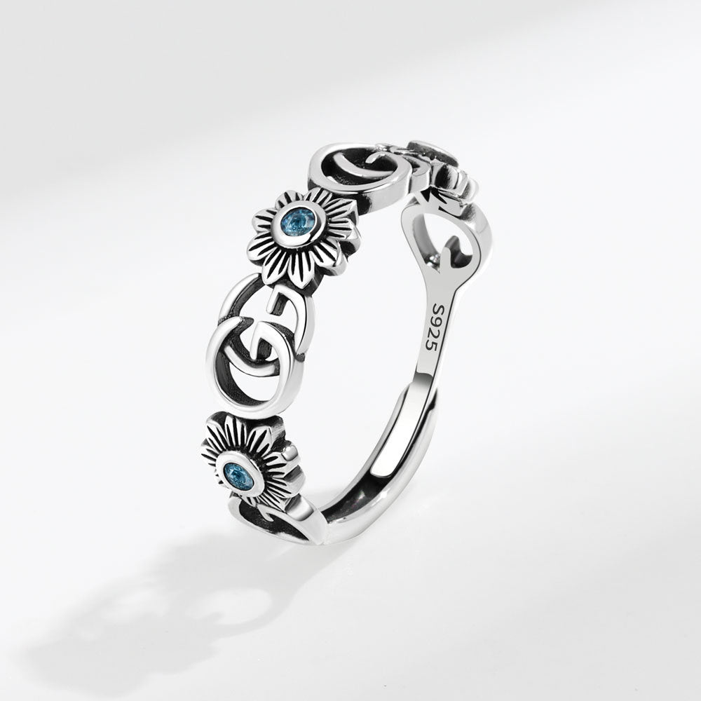 Rockyu 指輪 レディース フリーサイズ シルバー925 アルファベット＆花モチーフ サファイア風ストーン オープンリング