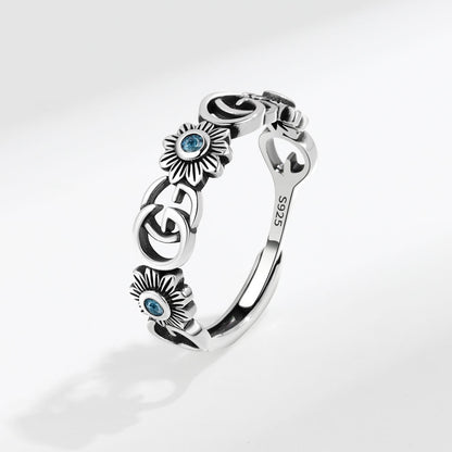 Rockyu 指輪 レディース フリーサイズ シルバー925 アルファベット＆花モチーフ サファイア風ストーン オープンリング