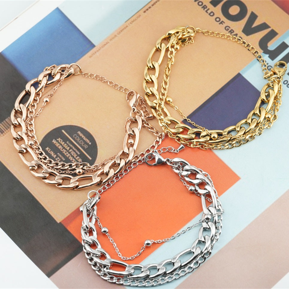 Rockyu ブレスレット レディース シルバー 三連チェーン 多層デザイン 調整可能