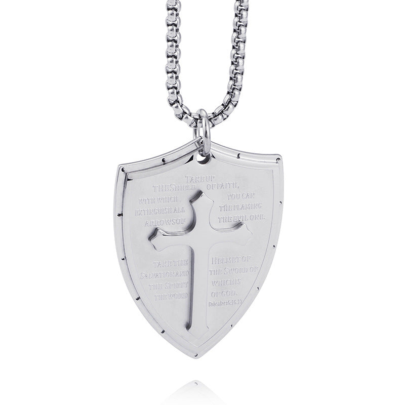 Rockyu 十字架 ネックレス メンズ ステンレス 盾ペンダント 経文刻印 クロス 厄除け お守り 開運 ギフト