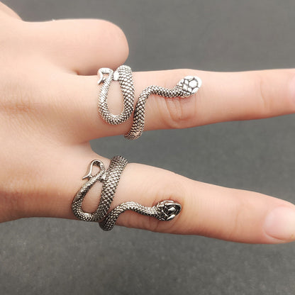 Rockyu 指輪 スネークデザイン フリーサイズ シルバー＆ブラック ステンレス製 男女兼用 お守りリング