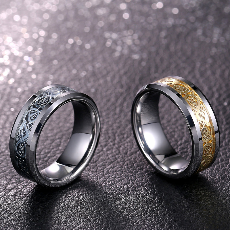 Rockyu タングステン 龍紋デザインリング メンズ レディース 幅6mm 8mm シルバー ゴールド ブルー