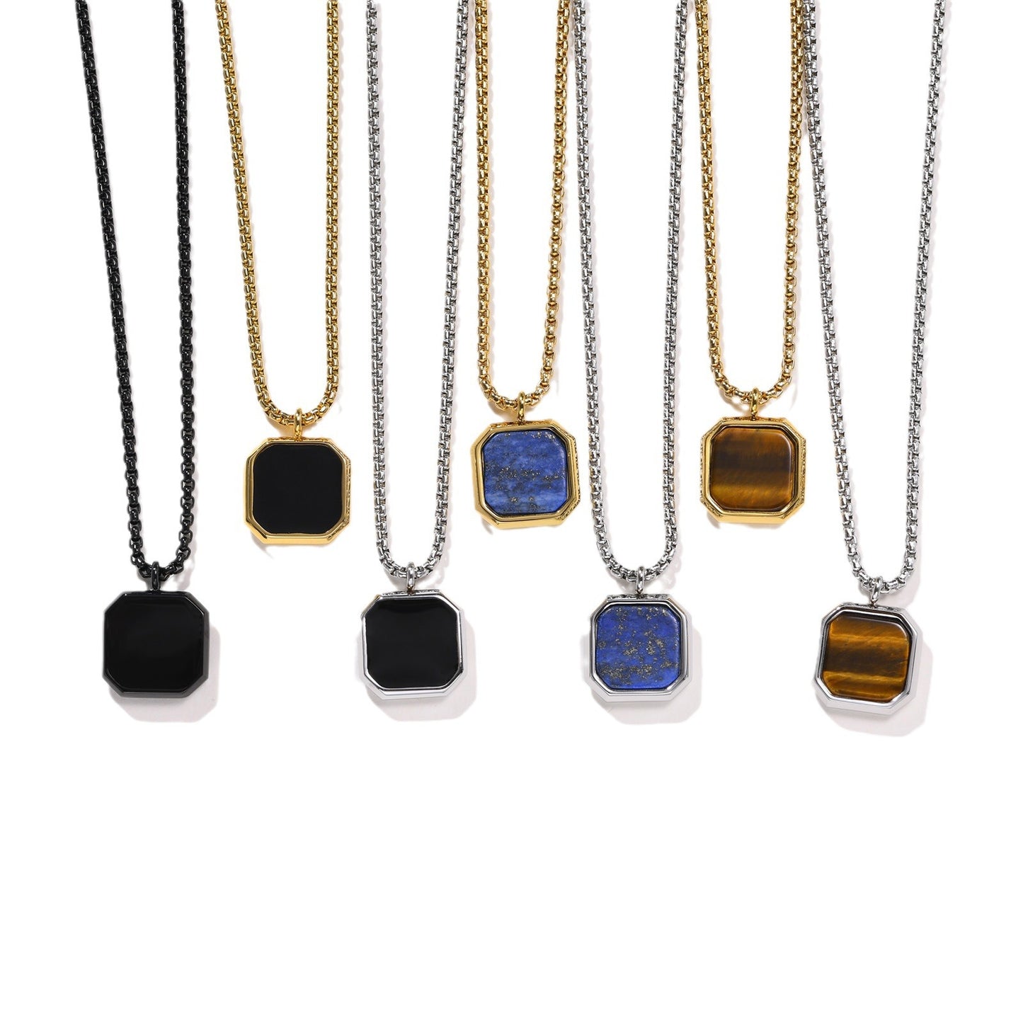 Rockyu スクエアペンダントネックレス｜天然石×ステンレス 60cmチェーン メンズ