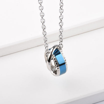 Rockyu ネックレス ペア ブルーシルバー＆ローズゴールド ダブルリングペンダント ステンレス製 記念日や誕生日ギフトに