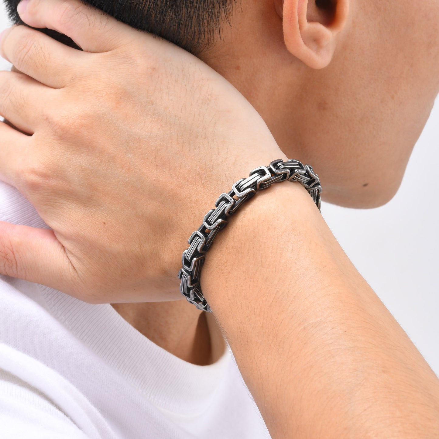 Rockyu ブレスレット メンズ ビザンチンチェーン ステンレス 幅6mm ブラック＆シルバー＆ゴールド