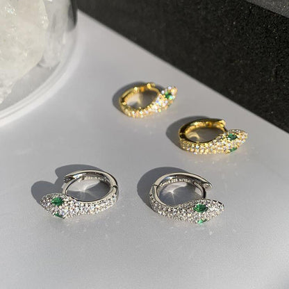 Rockyu ピアス レディース 蛇モチーフ フープタイプ 緑目ジルコニア 金属アレルギー対応 両耳用