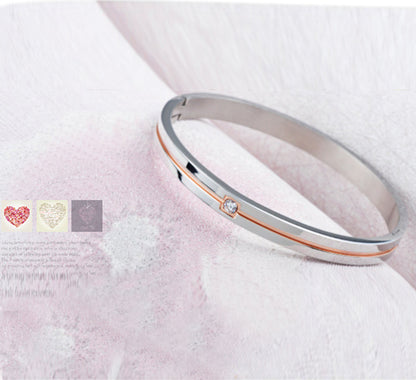 Rockyu ペアブレスレット メンズ レディース チタン製 ダイヤ付き シルバー/ブラック シンプル バングル 幅8mm