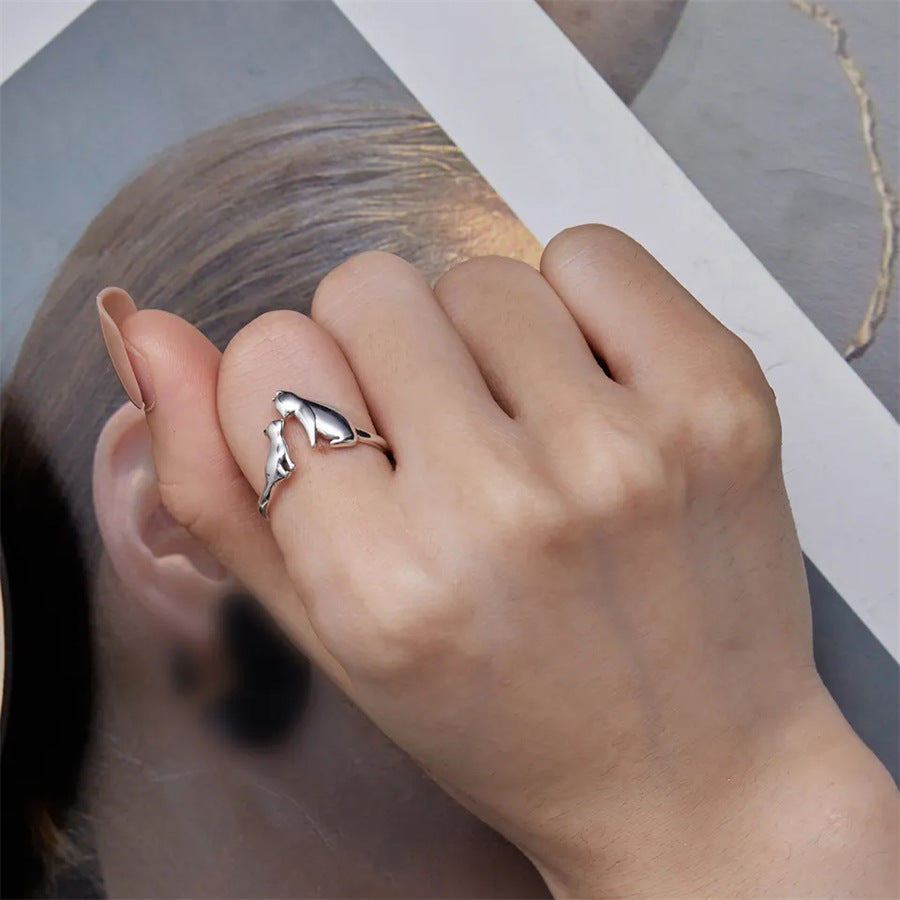 Rockyu 猫リング レディース フリーサイズ シルバー925 親子猫デザイン