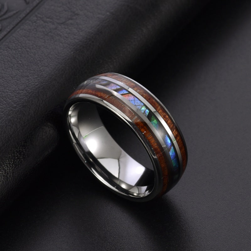 Rockyu チタン製 ウッド&シェルインレイ メンズリング 幅広デザイン 金属アレルギー対応 誕生日 記念日 ギフト