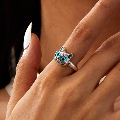 Rockyu 猫フェイスリング 藍色目 フリーサイズ メンズ レディース対応