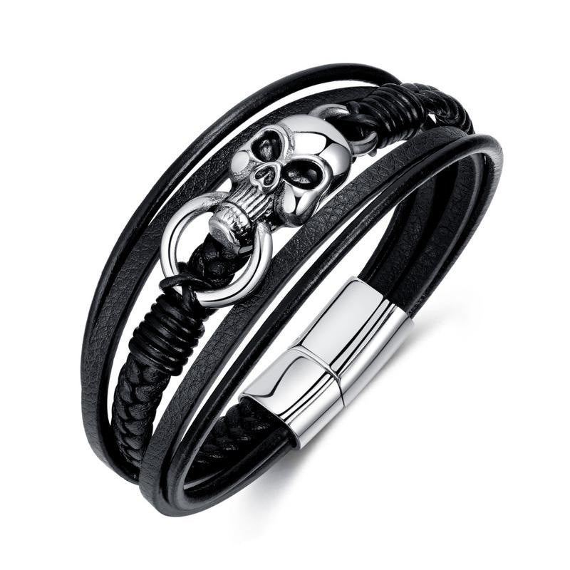 Rockyu メンズ ブレスレット レザー 黒 多重巻き 髑髏 ドクロ 編み込み バングル アクセサリー