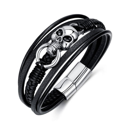Rockyu メンズ ブレスレット レザー 黒 多重巻き 髑髏 ドクロ 編み込み バングル アクセサリー