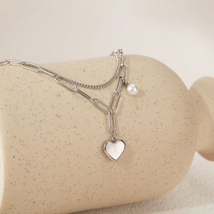 Rockyu ブレスレット レディース 二連チェーン ハート&パールモチーフ チタン製