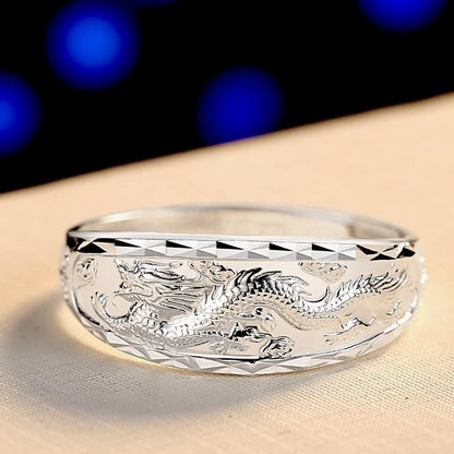 Rockyu シルバー999 指輪 メンズ 龍鳳彫刻 フリーサイズ リング