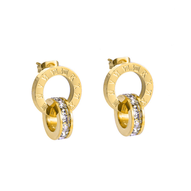 Rockyu リングピアス レディース｜18K仕上げ チタン製 ローマ数字 CZ揺れるデザイン