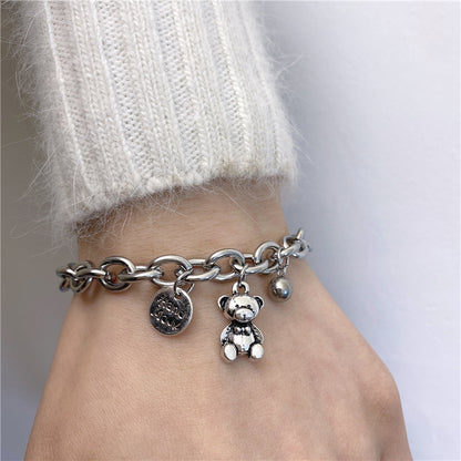 Rockyu ブレスレット レディース 小熊チャーム付き チェーンブレス 錆びにくい チタン風