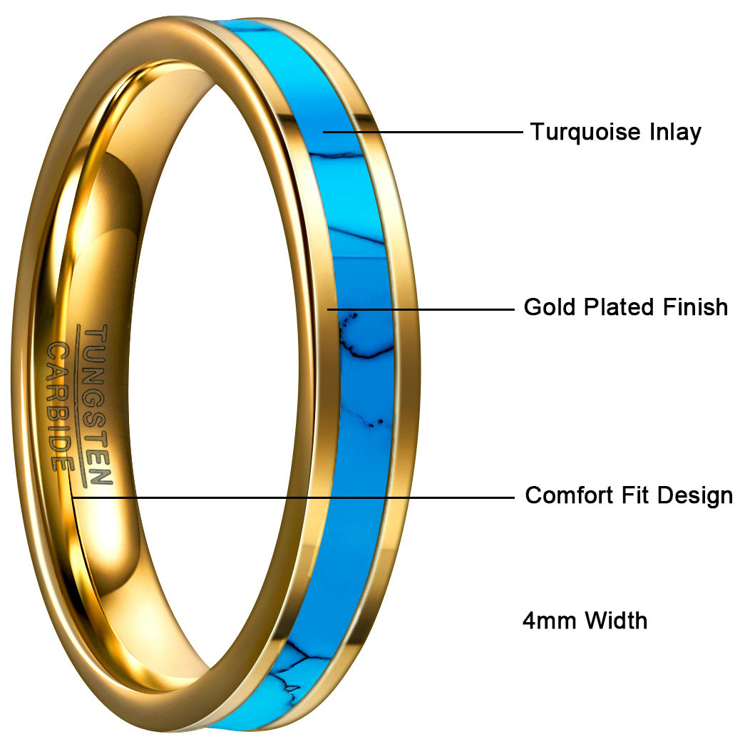 Rockyu タングステン ゴールド×ターコイズインレイリング 4mm幅 メンズ レディース ユニセックス