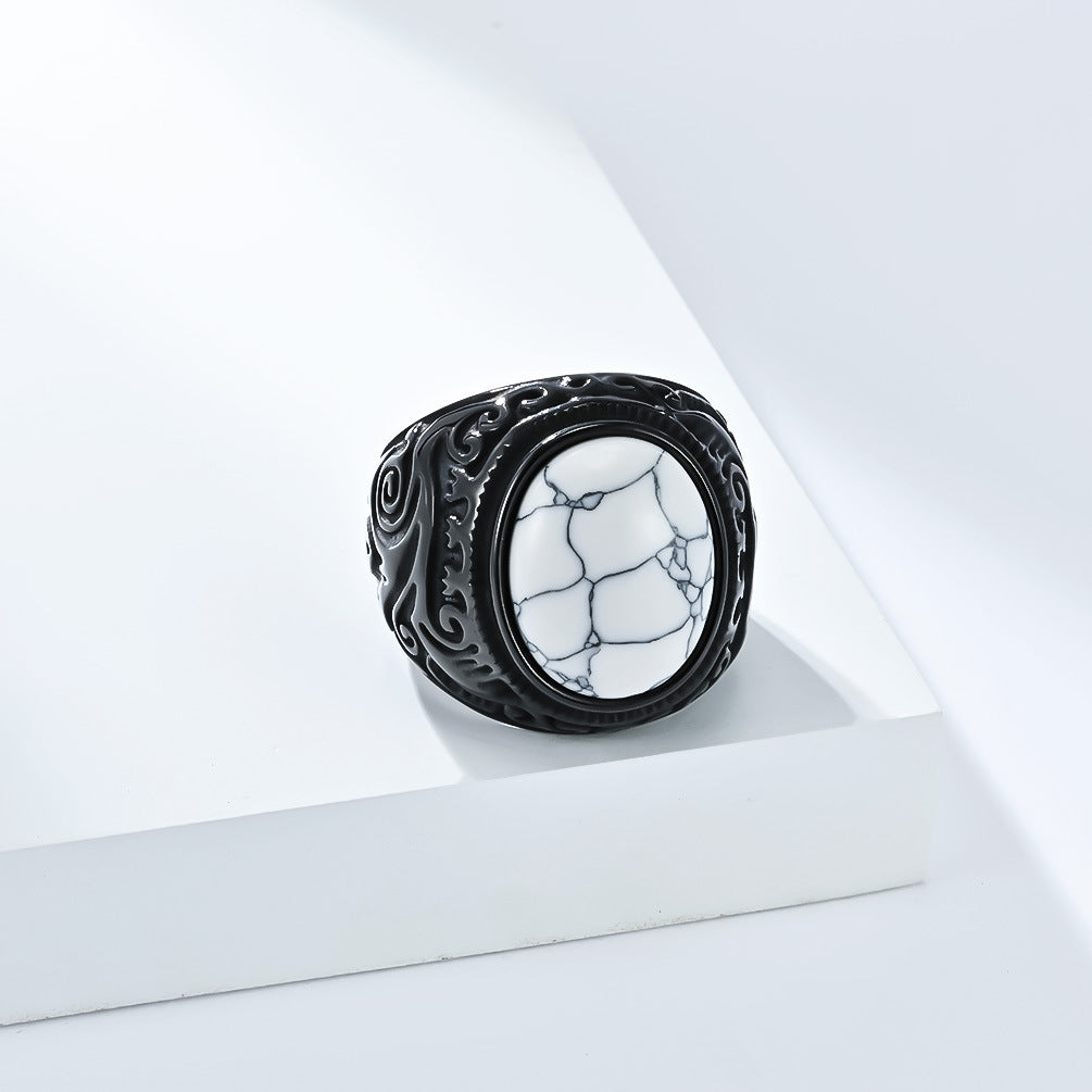 Rockyu メンズ ステンレスリング – 天然石オニキス＆タイガーアイ装飾 シルバー彫刻デザイン