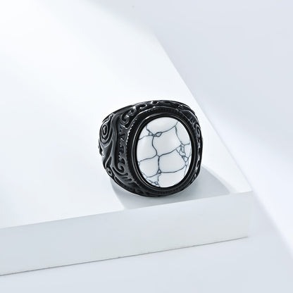 Rockyu メンズ ステンレスリング – 天然石オニキス＆タイガーアイ装飾 シルバー彫刻デザイン