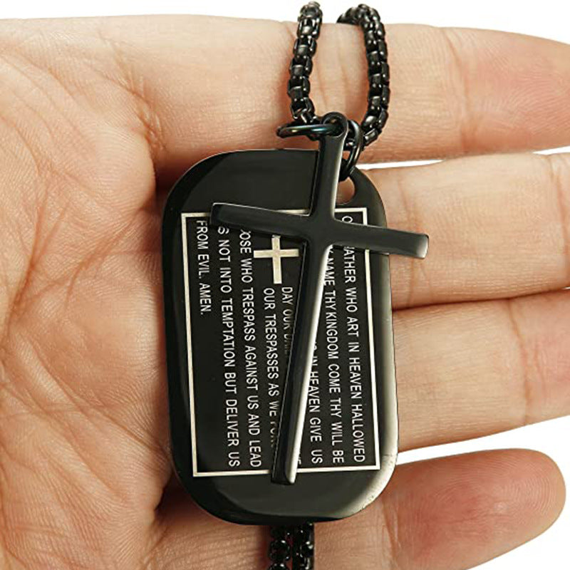 Rockyu メンズネックレス クロス十字架＆聖書モチーフ ドッグタグペンダント ステンレス製 ゴールド ブラック シルバー お守り アクセサリー