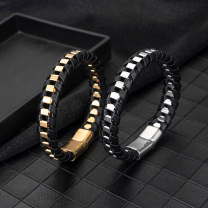 Rockyu メンズ 編み込みレザーブレスレット ステンレス留め具 金属アレルギー対応