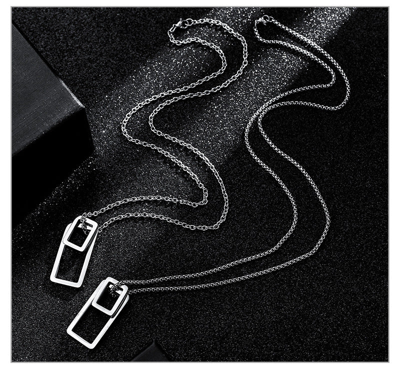 Rockyu シンプル長方形ネックレス ステンレス製 二連ペンダント 男女兼用