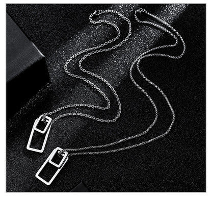 Rockyu シンプル長方形ネックレス ステンレス製 二連ペンダント 男女兼用