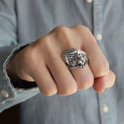 Rockyu シルバー 猫リング グリーンアイ 男女兼用 レトロ ごつめ フリーサイズ