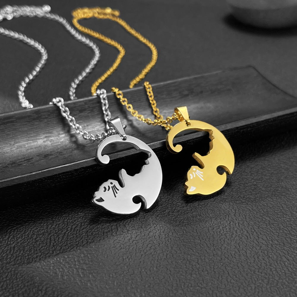 Rockyu ペアネックレス 猫モチーフ シルバー＆ブラック 男女兼用 ステンレス 可愛い カップルセット