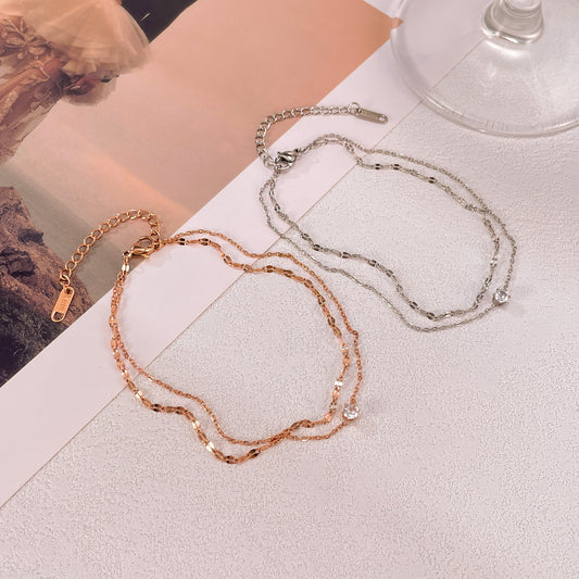 Rockyu アンクレット レディース ローズゴールド＆シルバー ダブルチェーン ジルコニア付き