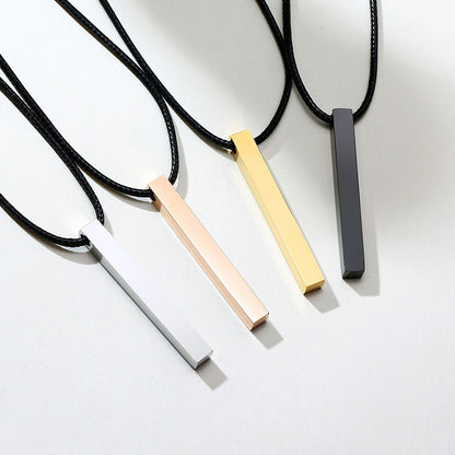 Rockyu スティックネックレス メンズ レディース サージカルステンレス 光面レザーチェーン 長方形ペンダント シルバー・ブラック・ピンクゴールド・ゴールド