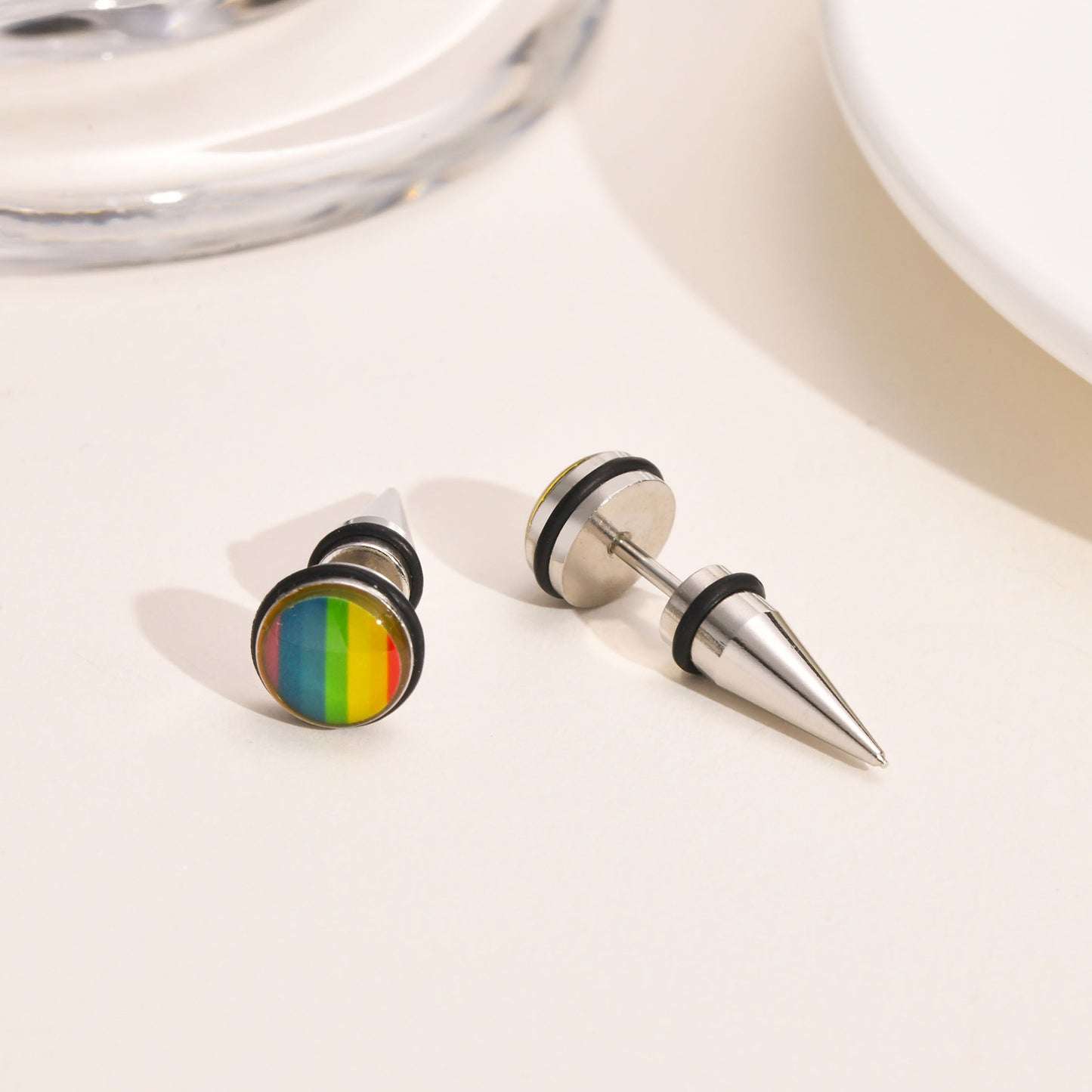 Rockyu レインボー ステンレス スタッドピアス 9mm 円形 メンズ＆ユニセックス