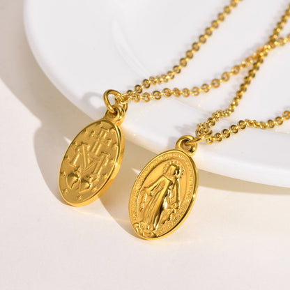 Rockyu ネックレス レディース ゴールド 聖母マリア 楕円ペンダント チタン製 50cmチェーン 金属アレルギー対応