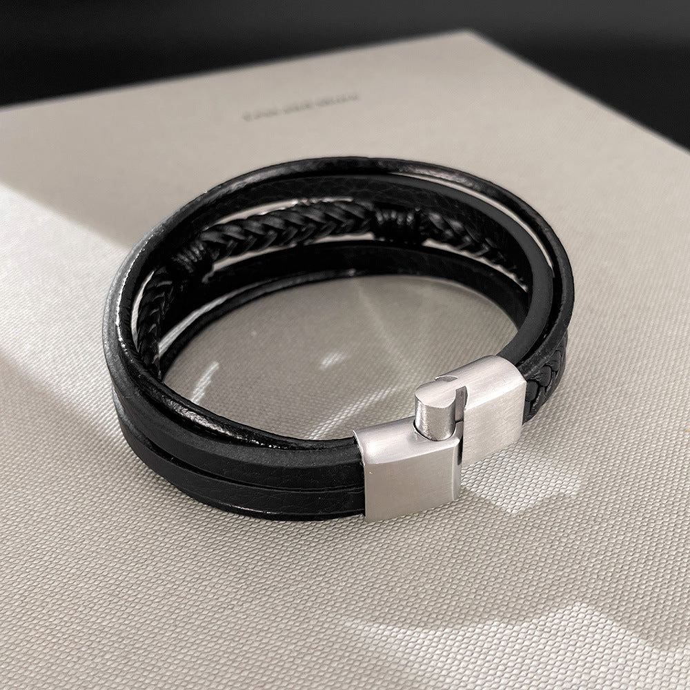 Rockyu メンズブレスレット 本革×ステンレス 羽モチーフ 編み込みデザイン