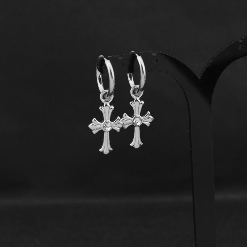 Rockyu クロスフープピアス シルバー ジルコニア 十字架デザイン メンズ レディース 金属アレルギー対応